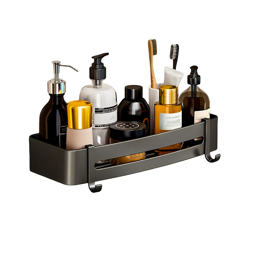 SOGA Black Wall-Mounted Rectangular Bathroom Storage Organiser Space Saving Adhesive Shelf Rack with Hooks $ 42.50