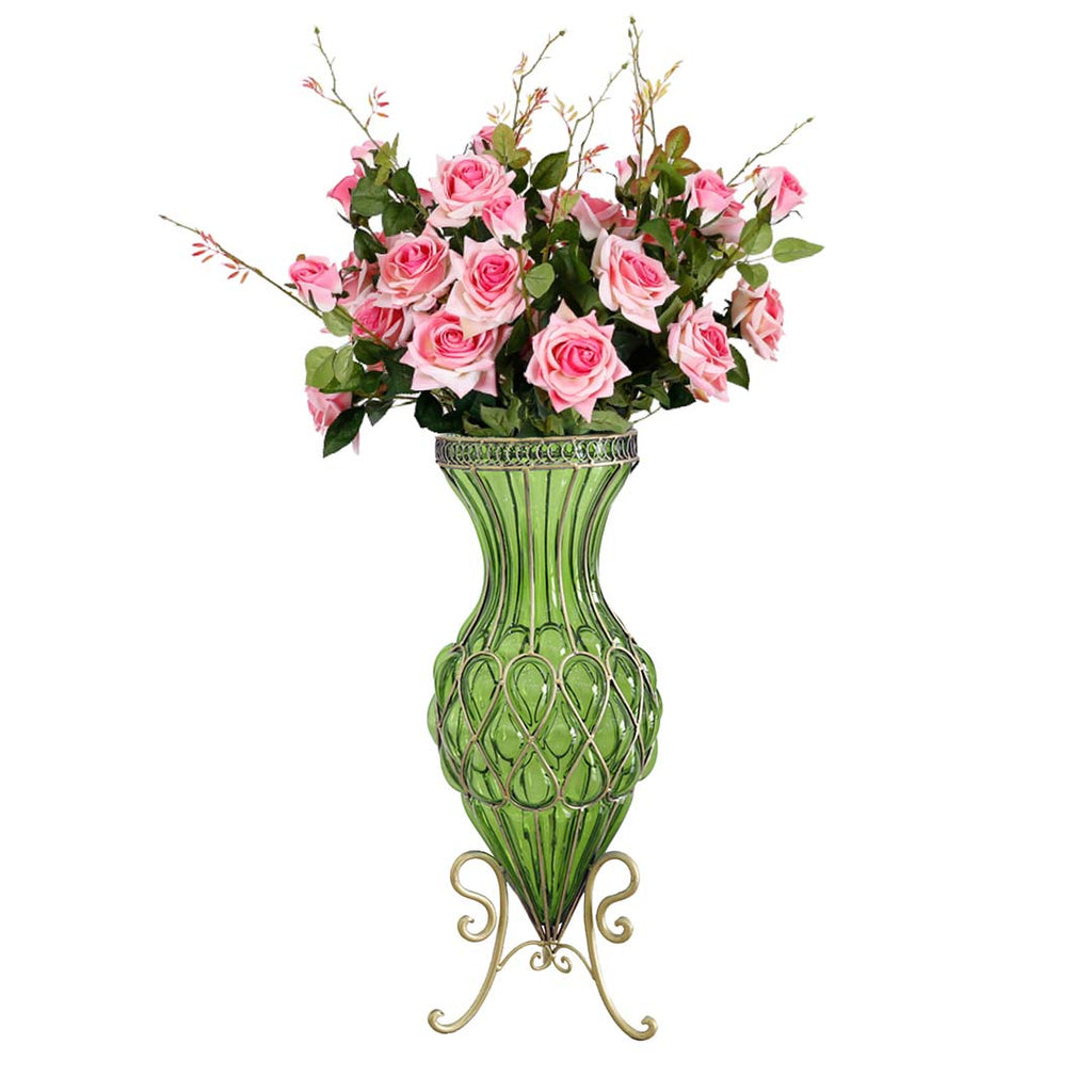 SOGA 67cm Green Glass Tall Floor Vase and 12pcs Pink Artificial Fake Flower Set $ 488.90