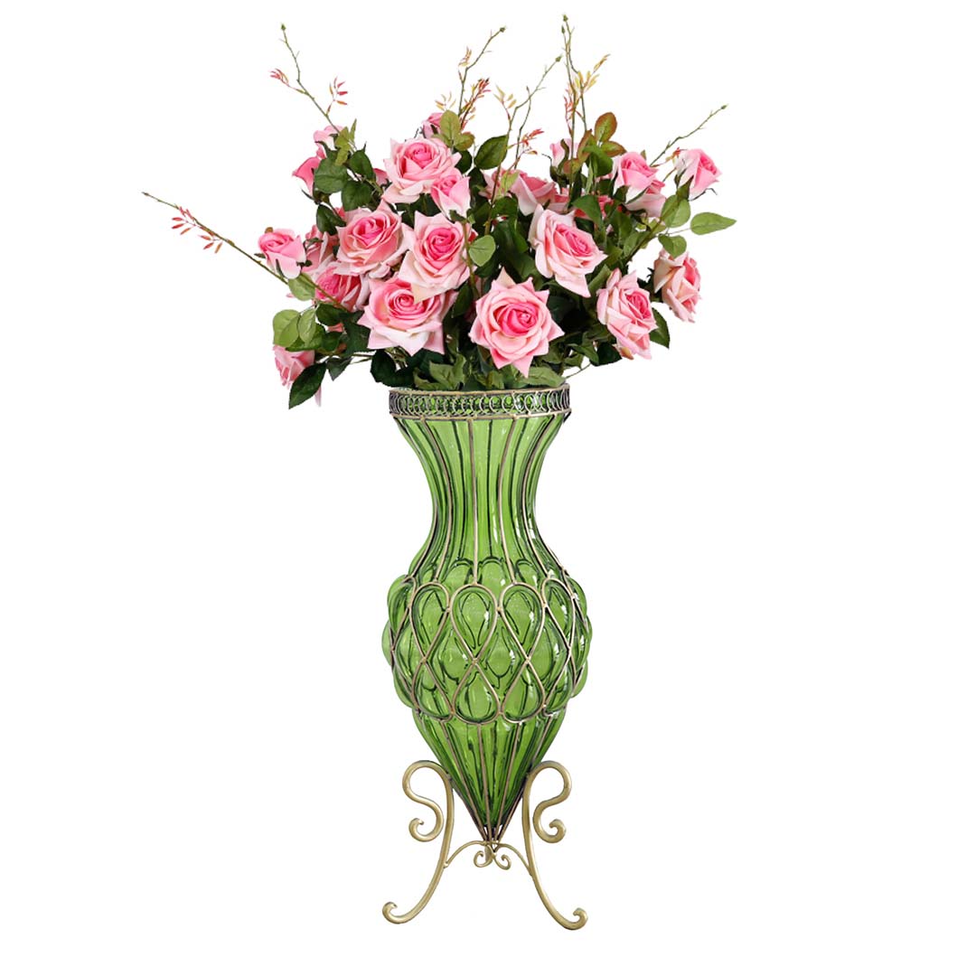SOGA 67cm Green Glass Tall Floor Vase and 12pcs Pink Artificial Fake Flower Set $ 488.90