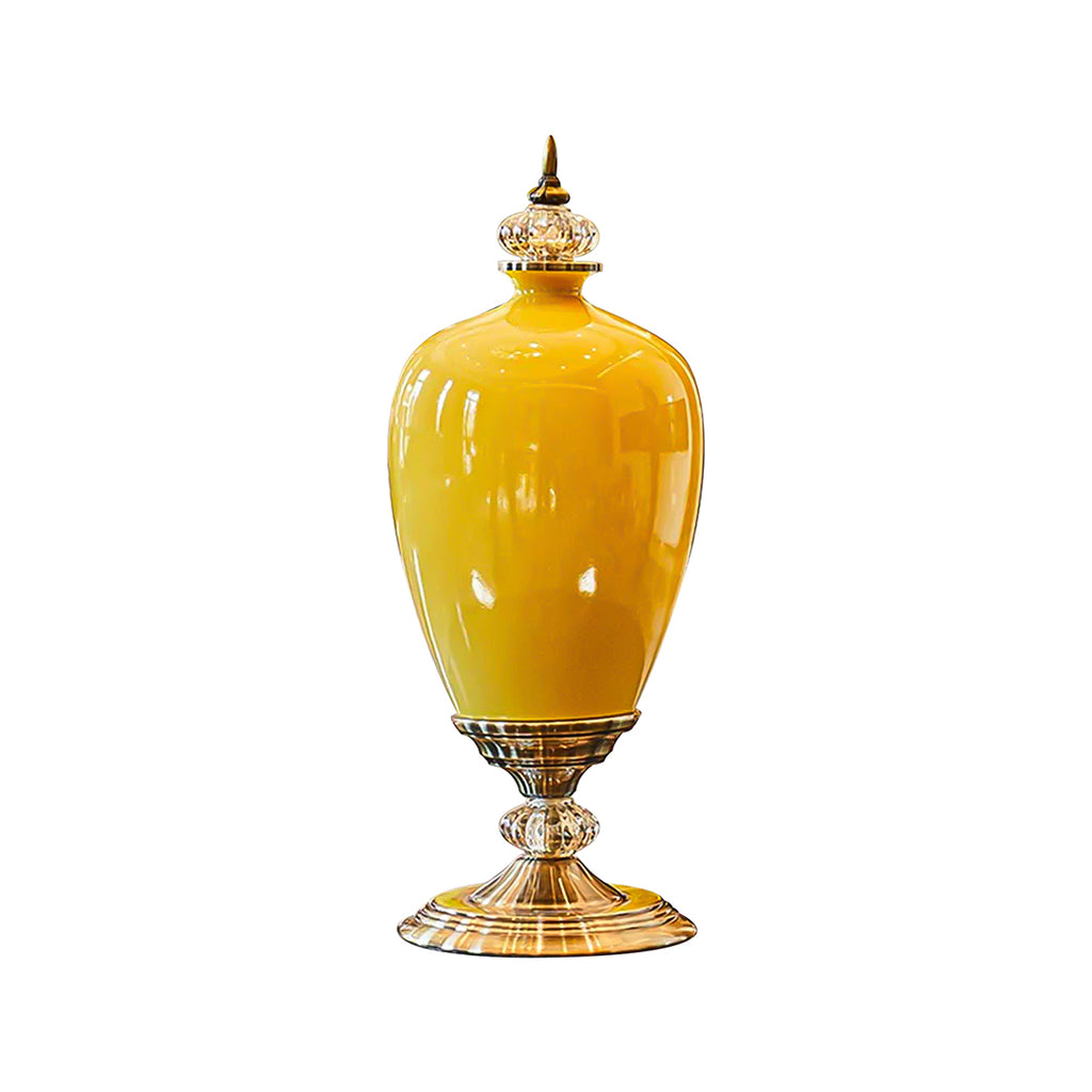 SOGA 42cm Ceramic Oval Flower Vase with Gold Metal Base Yellow