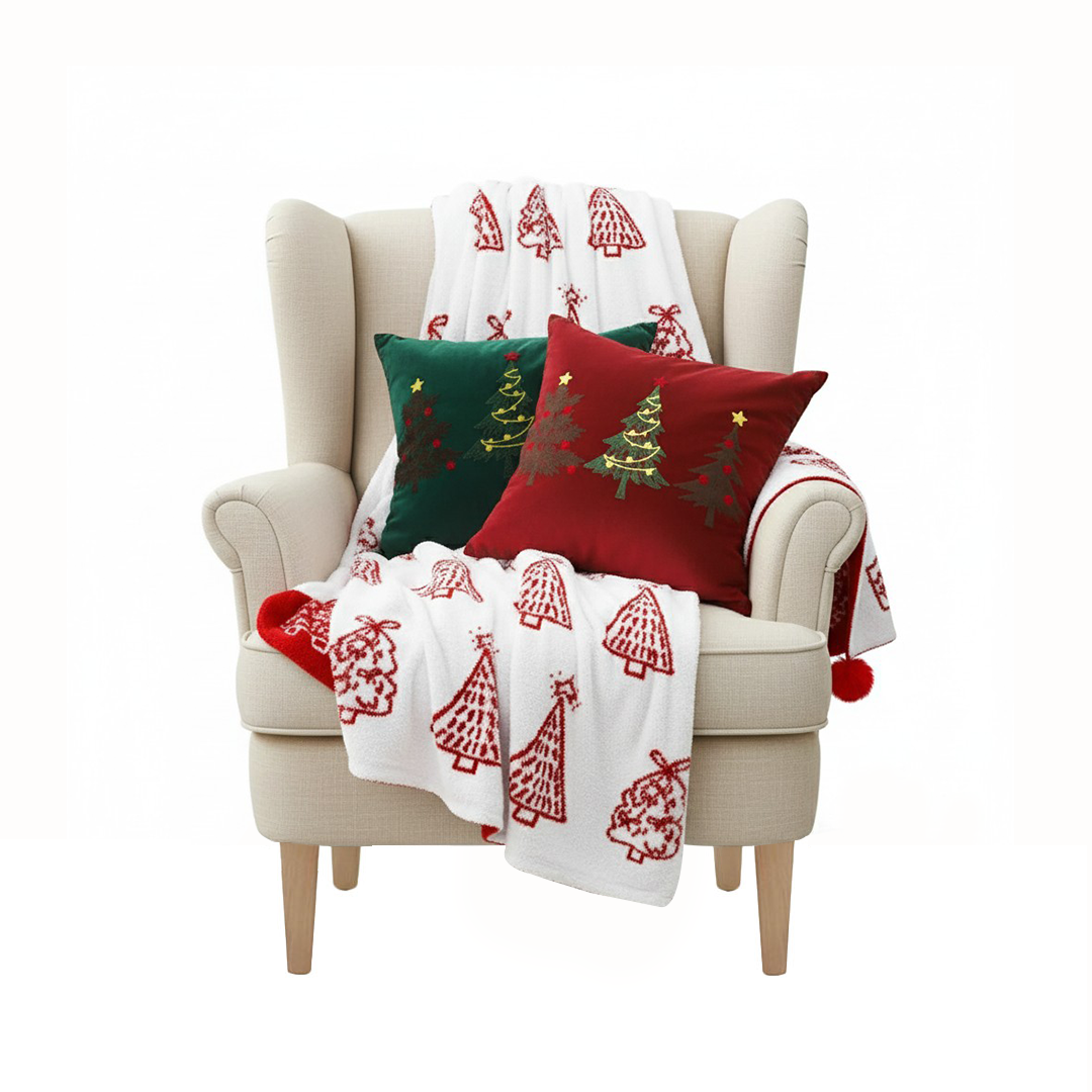SOGA Christmas Bundle – Green & Burgundy Embroidered Tree Pillows & Red Holiday Throw Blanket $ 206