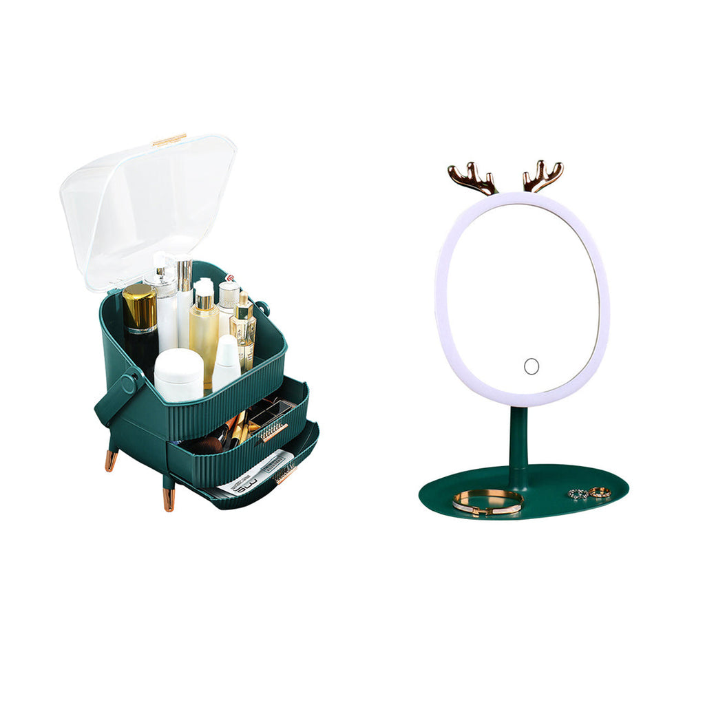 SOGA Green Cosmetic Jewelry Storage Organiser with Antler LED Light Mirror Tabletop Vanity Set $ 104.50