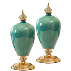 SOGA 2x 42.5cm Ceramic Oval Flower Vase with Gold Metal Base Dark Green $ 360.90