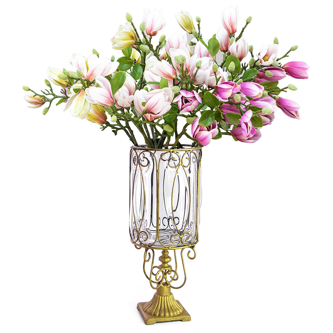 SOGA Clear Glass Cylinder Flower Vase with 6 Bunch 4 Heads Artificial Fake Silk Magnolia denudata Home Decor Set $ 263.90