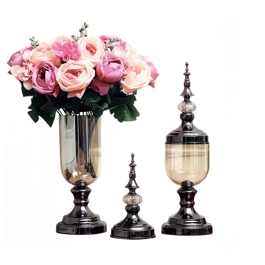 SOGA 2 x Clear Glass Flower Vase with Lid and Pink Flower Filler Vase Black Set