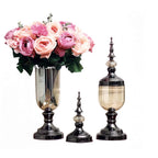 SOGA 2 x Clear Glass Flower Vase with Lid and Pink Flower Filler Vase Black Set