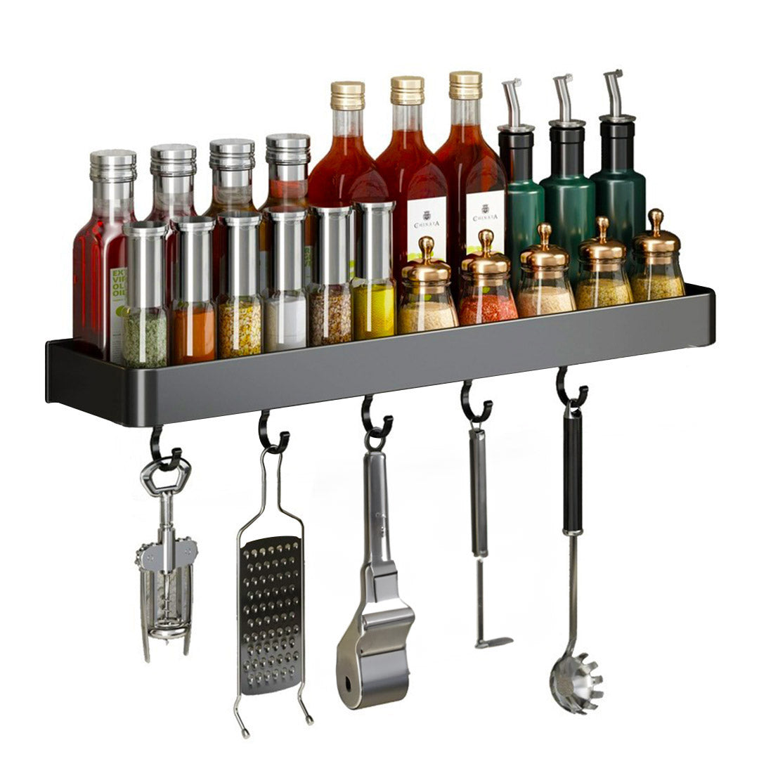 SOGA 50cm Black Wall-Mounted Rectangular Kitchen Spice Storage Organiser Space Saving Condiments Shelf Rack with Hooks $ 61.50