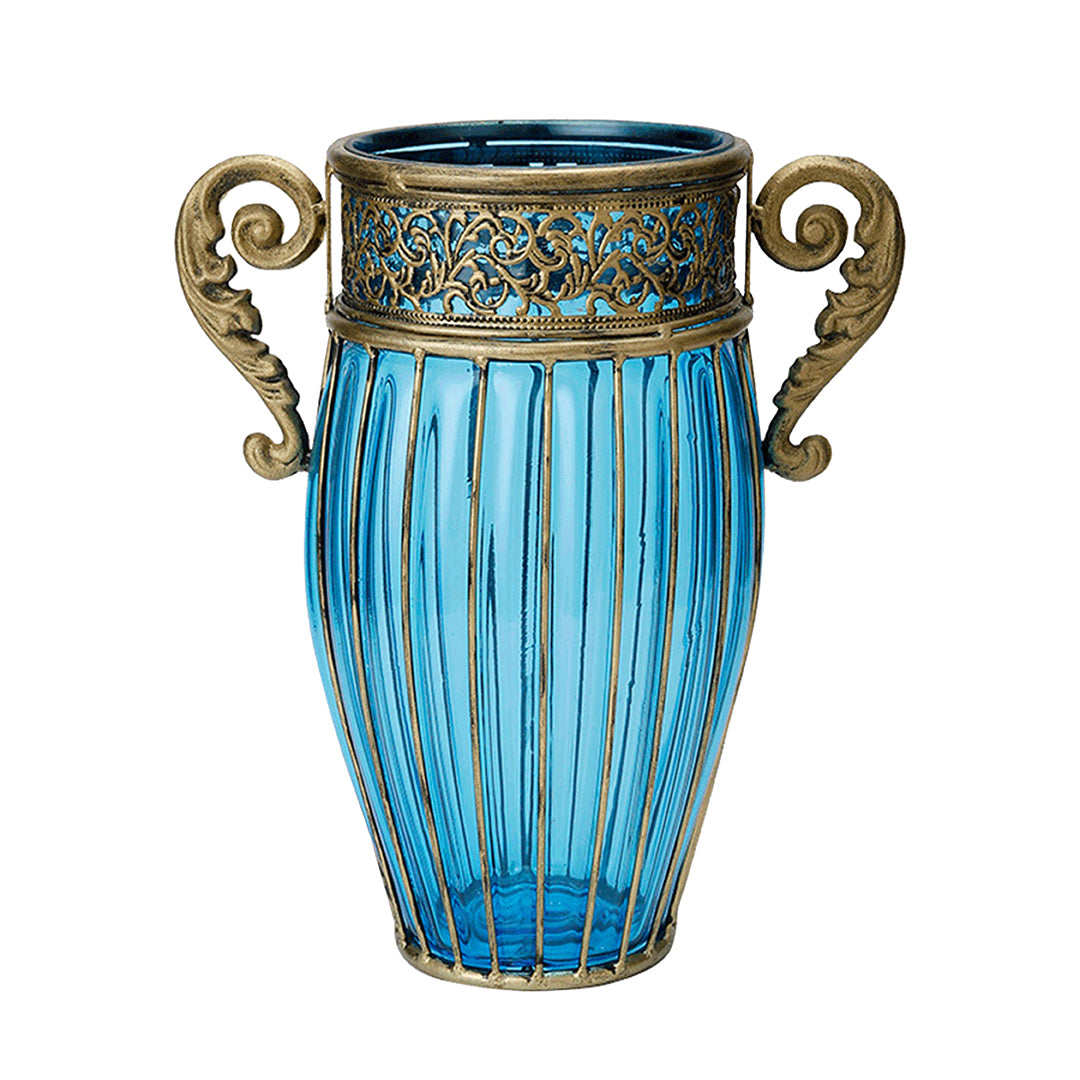 SOGA Blue European Colored Glass Home Decor Jar Flower Vase with Two Metal Handle $ 133.50