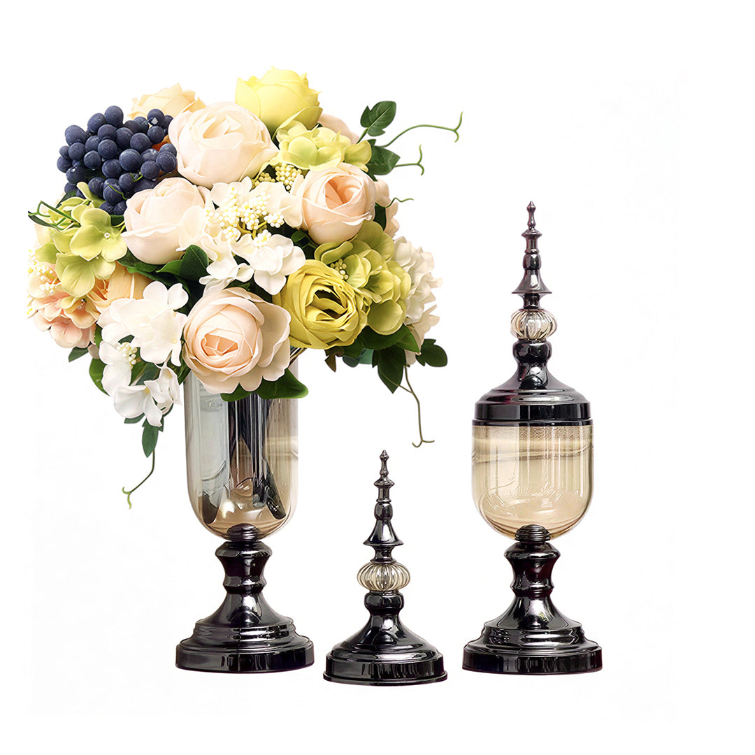 SOGA 2 x Clear Glass Flower Vase with Lid and White Flower Filler Vase Black Set