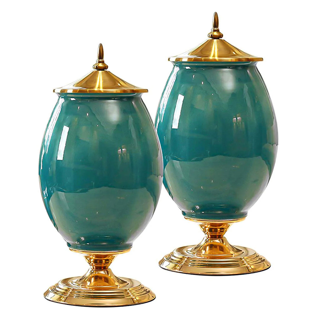 SOGA 2x 40cm Ceramic Oval Flower Vase with Gold Metal Base Green
