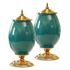 SOGA 2x 40cm Ceramic Oval Flower Vase with Gold Metal Base Green