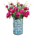SOGA Blue Glass Cylinder Flower Vase with 8 Bunch 5 Heads Artificial Fake Silk Rose Home Decor Set $ 221.90
