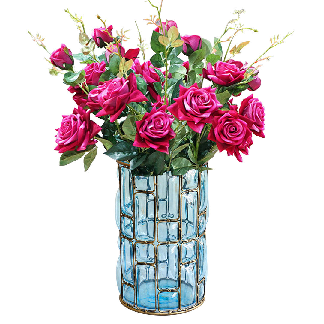 SOGA Blue Glass Cylinder Flower Vase with 8 Bunch 5 Heads Artificial Fake Silk Rose Home Decor Set $ 221.90