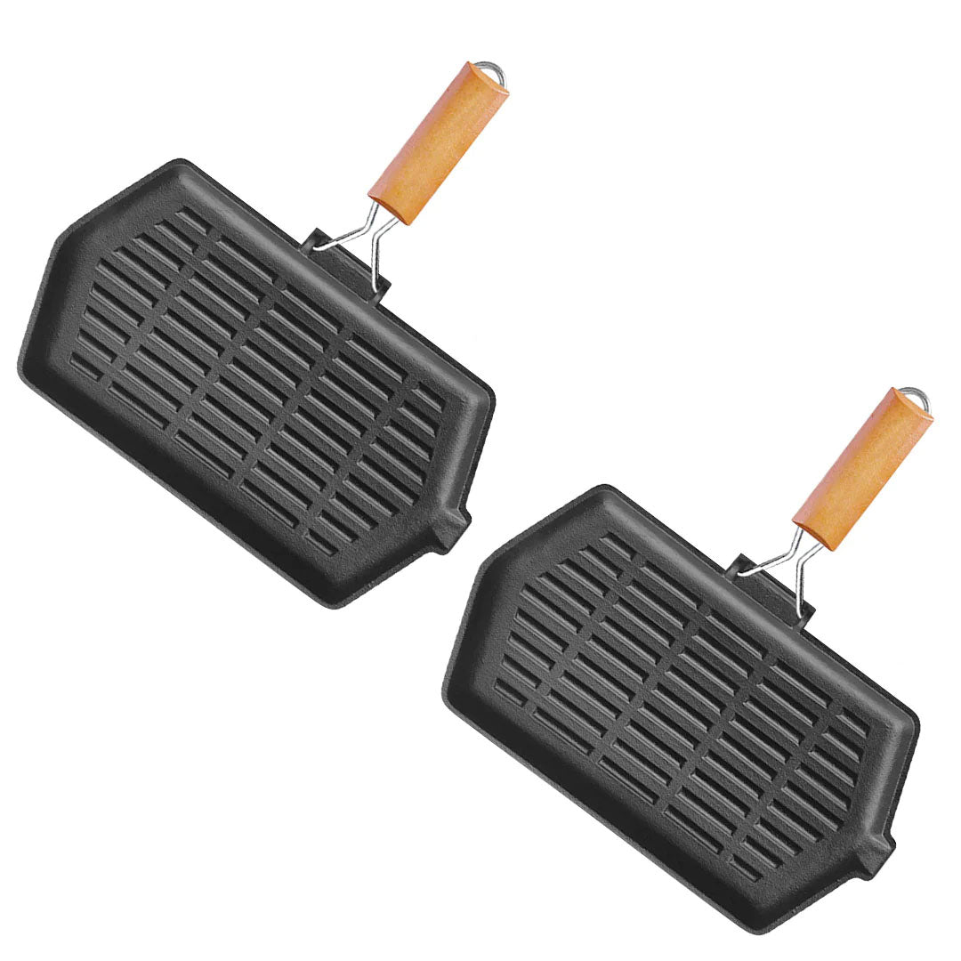 SOGA 2X Rectangular Cast Iron Griddle Grill Frying Pan with Folding Wooden Handle $ 96.90