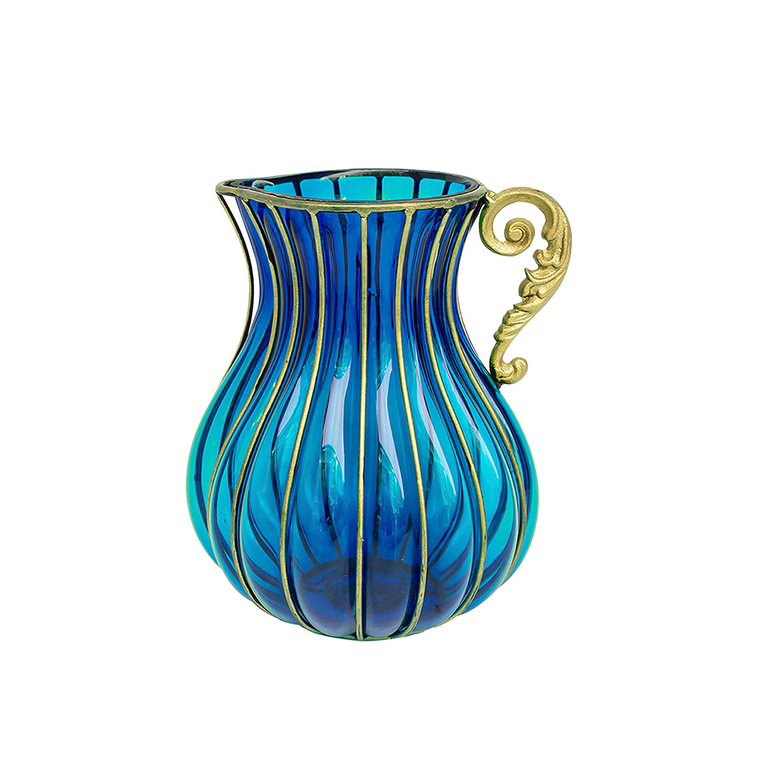 SOGA Blue European Colored Glass Home Decor Jar Flower Vase with Metal Handle