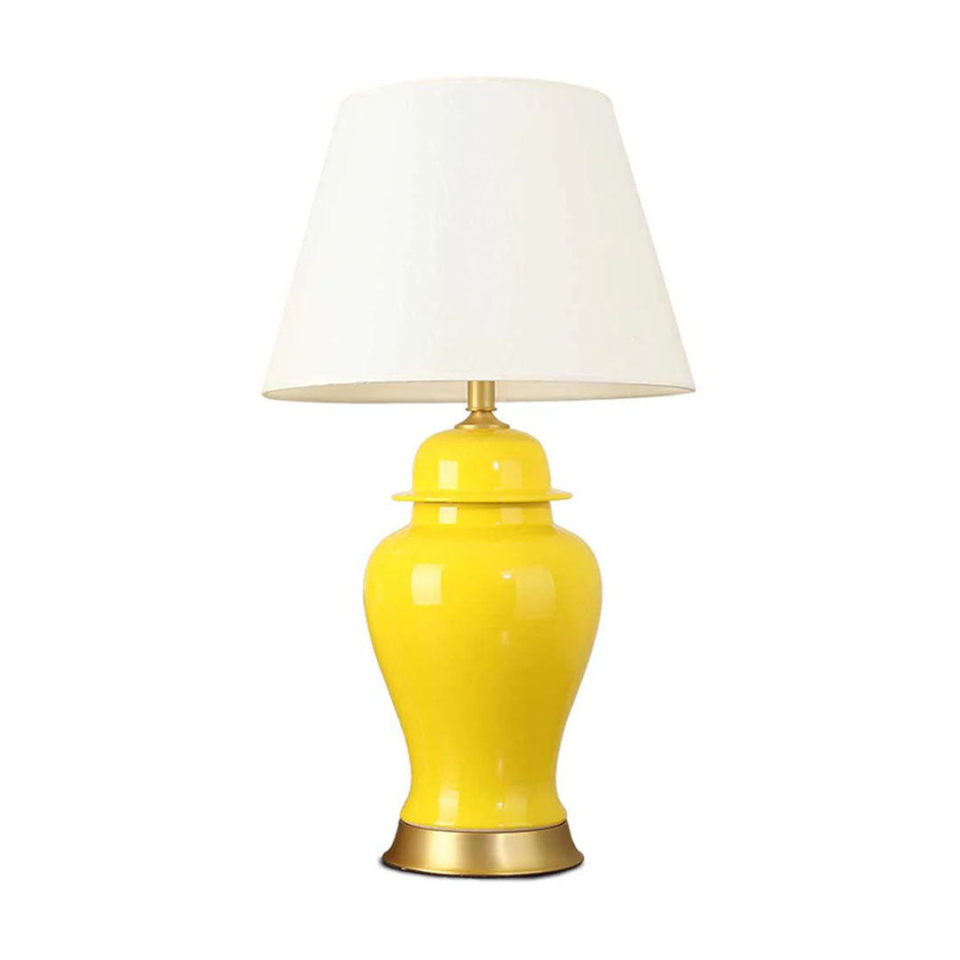 SOGA Oval Ceramic Table Lamp with Gold Metal Base Desk Lamp Yellow