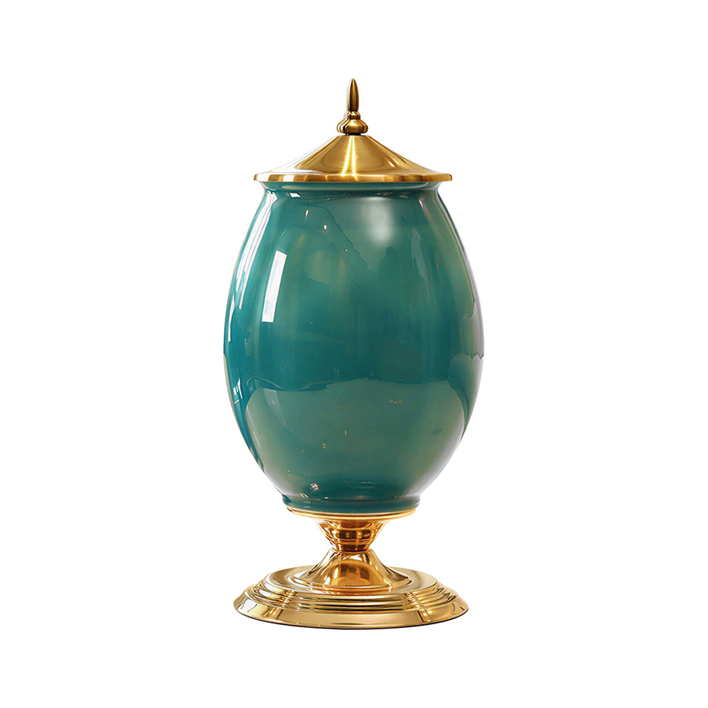 SOGA 40cm Ceramic Oval Flower Vase with Gold Metal Base Green