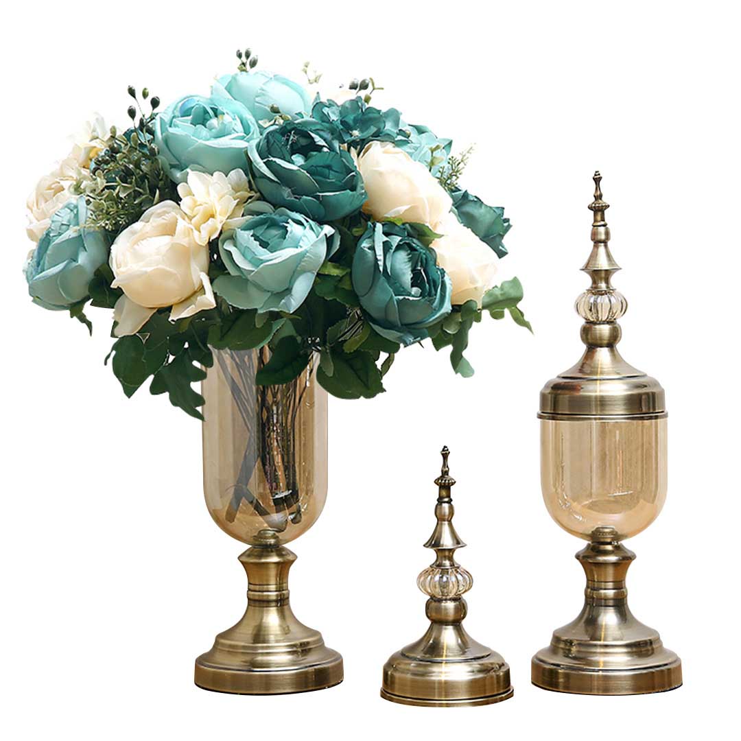 SOGA 2 x Clear Glass Flower Vase with Lid and Blue Flower Filler Vase Bronze Set $ 166.90