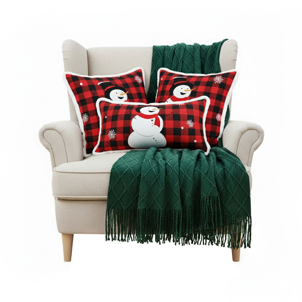 SOGA Christmas Bundle – Red Snowman Pillows & Green Diamond Knitted Throw Blanket $ 218