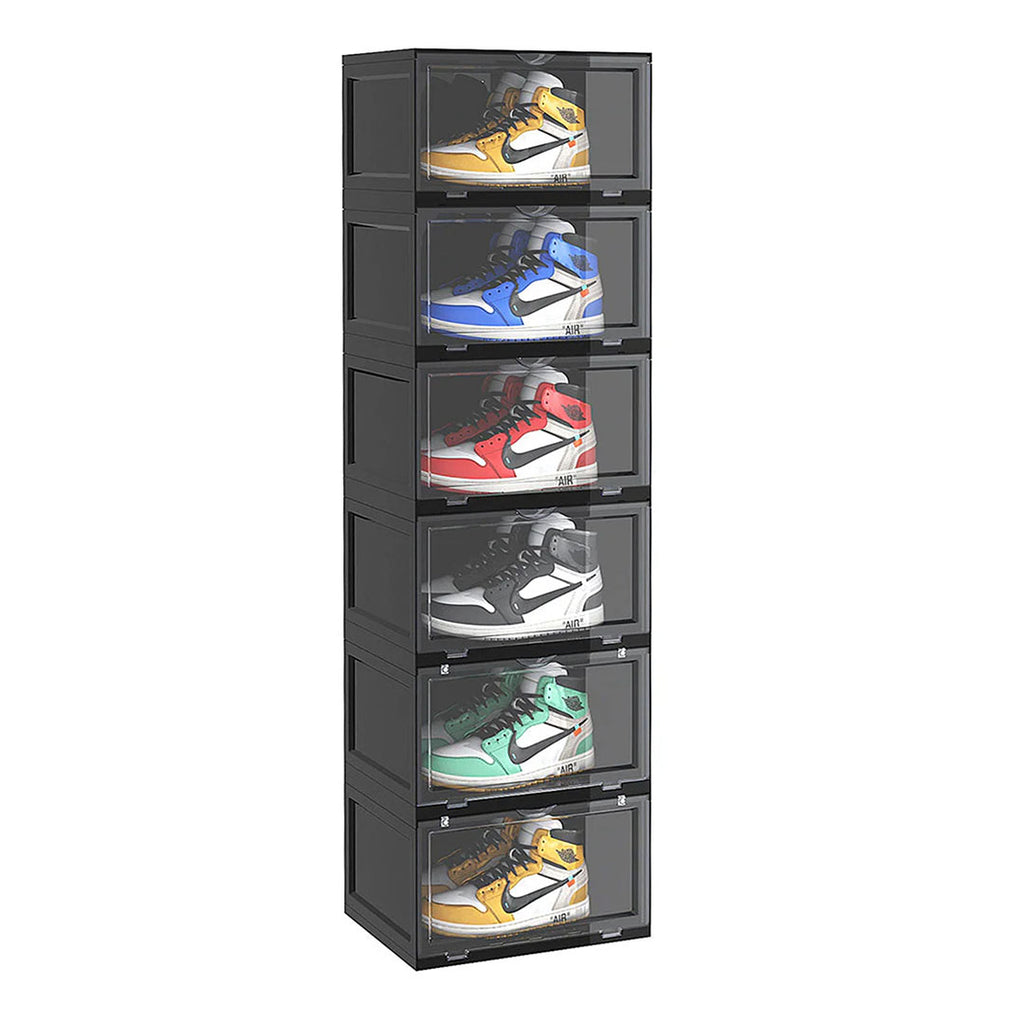 SOGA 6 Tier Black Portable Shoe Organiser Sneaker Footwear Folding Plastic Bin Stackable Storage Box with Magnetic Door