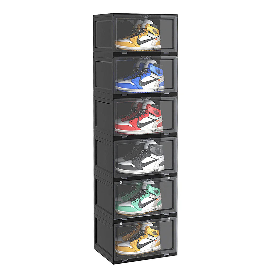 SOGA 6 Tier Black Portable Shoe Organiser Sneaker Footwear Folding Plastic Bin Stackable Storage Box with Magnetic Door