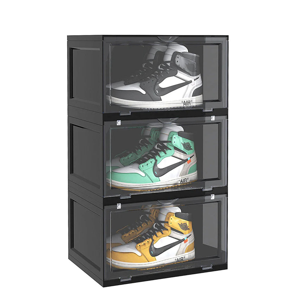 SOGA 3 Tier Black Portable Shoe Organiser Sneaker Footwear Folding Plastic Bin Stackable Storage Box with Magnetic Door