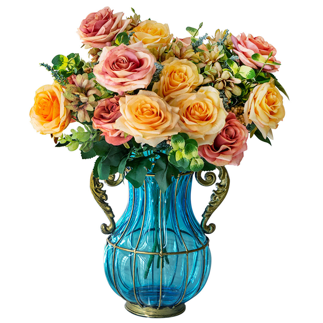 SOGA Blue Colored Glass Flower Vase with 4 Bunch 11 Heads Artificial Fake Silk Rose Home Decor Set $ 221.90