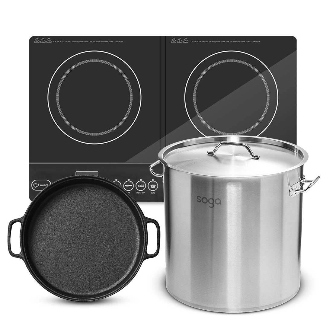 SOGA Dual Burners Cooktop Stove 30cm Cast Iron Skillet and 21L Stainless Steel Stockpot 30cm $ 412.90