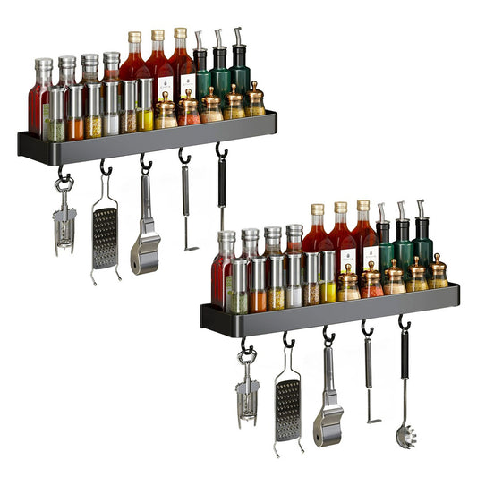 SOGA 2X 50cm Black Wall-Mounted Rectangular Kitchen Spice Storage Organiser Space Saving Condiments Shelf Rack with Hooks