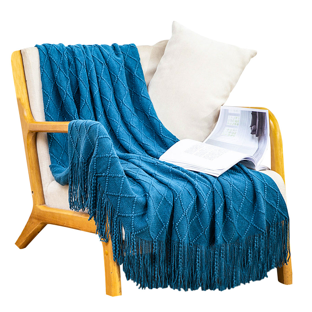 SOGA Royal Blue Diamond Pattern Knitted Throw Blanket Warm Cozy Woven Cover Couch Bed Sofa Home Decor with Tassels $ 83.50