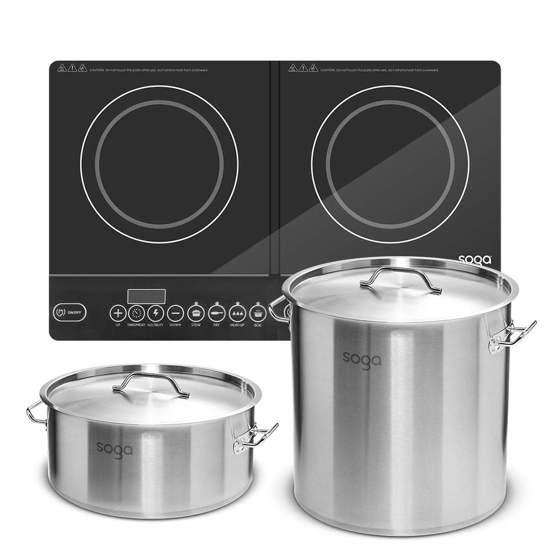 SOGA Dual Burners Cooktop Stove 21L and 17L Stainless Steel Stockpot Top Grade Stock Pot $ 469.90