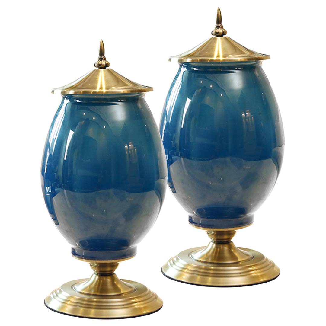 SOGA 2x 40cm Ceramic Oval Flower Vase with Gold Metal Base Dark Blue $ 360.90