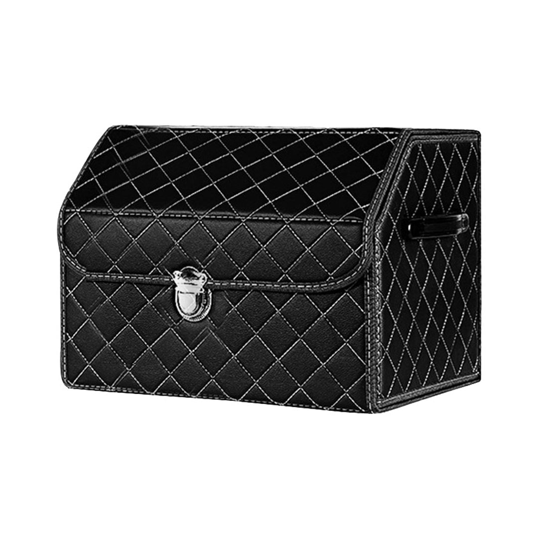 SOGA Leather Car Boot Collapsible Foldable Trunk Cargo Organizer Portable Storage Box Black/White Stitch with Lock Small $ 44.50