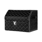SOGA Leather Car Boot Collapsible Foldable Trunk Cargo Organizer Portable Storage Box Black/White Stitch with Lock Small $ 44.50