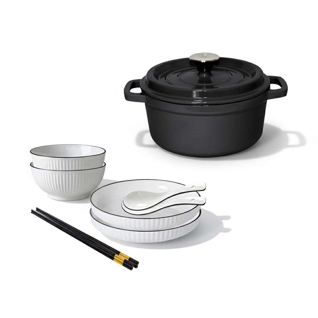 SOGA Kitchenware Bundle – White Japanese Ceramic Dinnerware Set & Black Cast Iron Stewpot $ 140