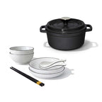 SOGA Kitchenware Bundle – White Japanese Ceramic Dinnerware Set & Black Cast Iron Stewpot $ 140
