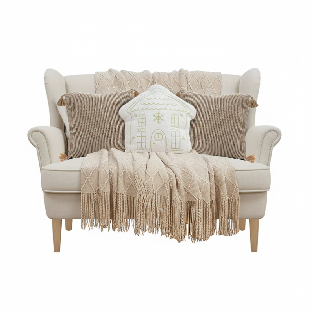 SOGA Christmas Bundle – 2 Khaki Wabi-Sabi & White Christmas House Pillows with Beige Knitted Throw $ 257