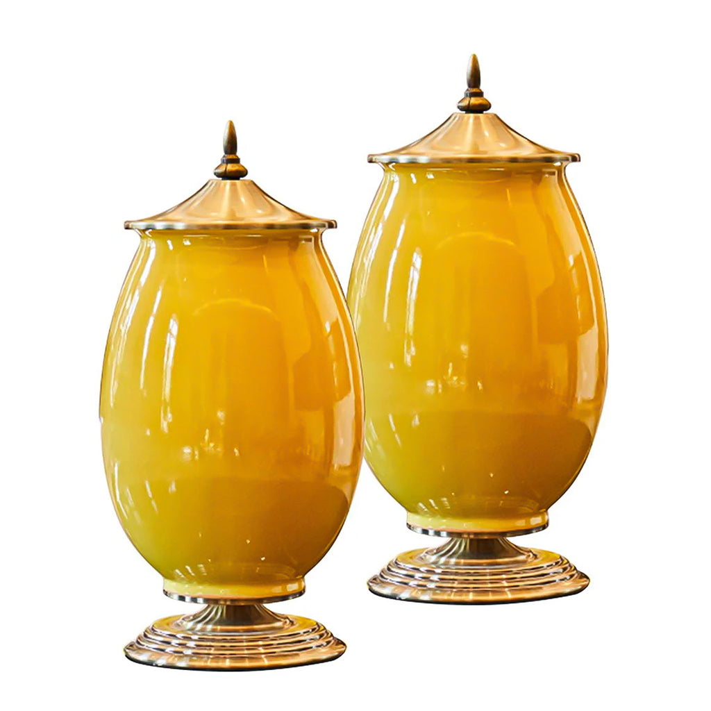 SOGA 2x 40cm Ceramic Oval Flower Vase with Gold Metal Base Yellow