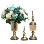 SOGA 2 x Clear Glass Flower Vase with Lid and Blue Flower Filler Vase Bronze Set