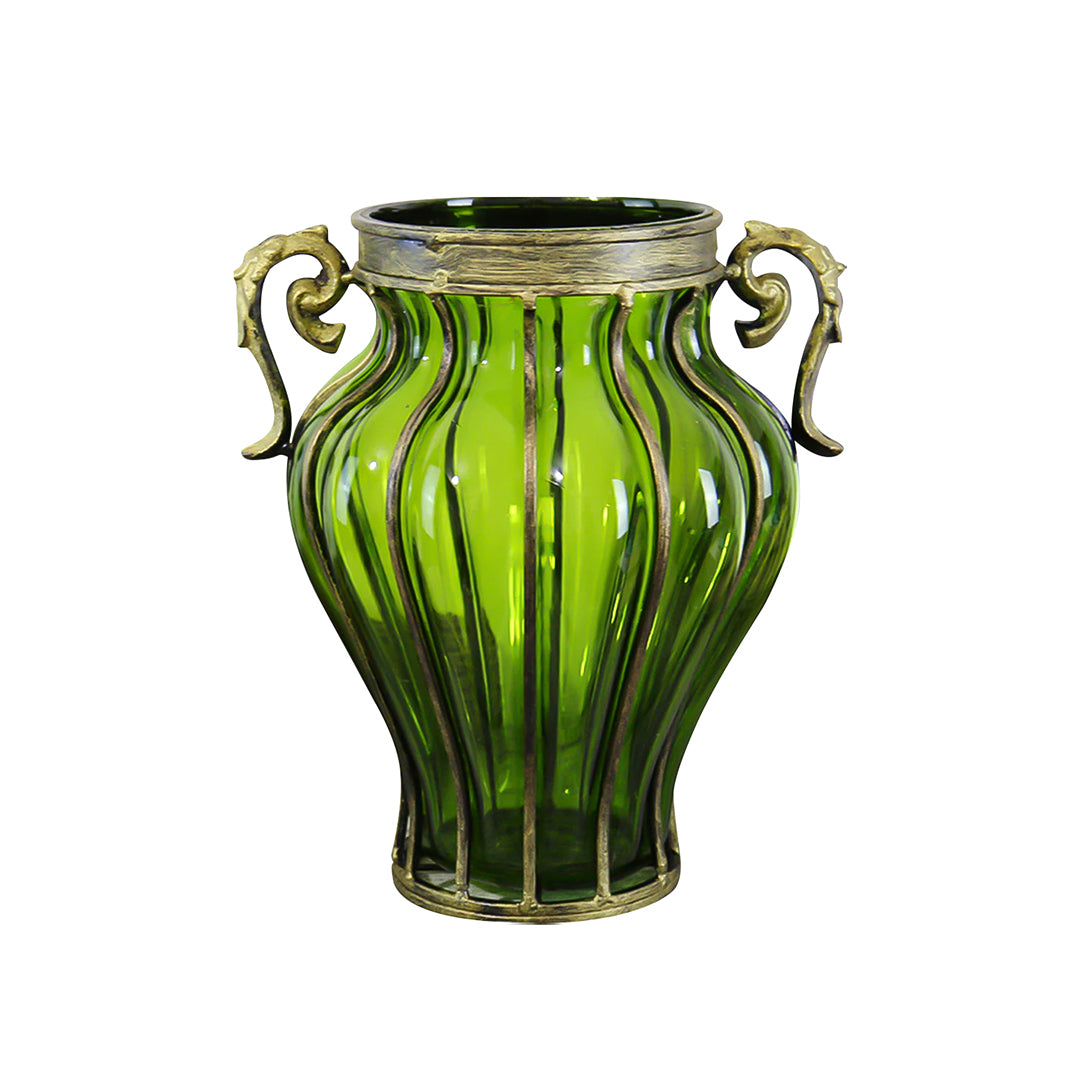 SOGA Green Colored European Glass Home Decor Flower Vase with Two Metal Handle