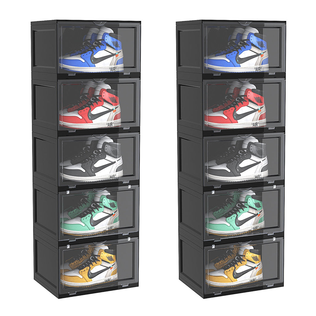 SOGA 2X 5 Tier Black Portable Shoe Organiser Sneaker Footwear Folding Plastic Bin Stackable Storage Box with Magnetic Door $ 280.90