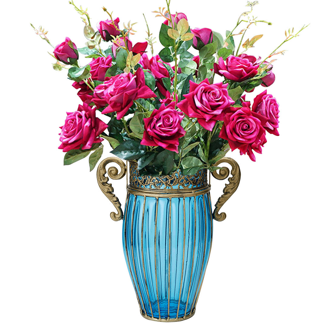 SOGA Blue Colored Glass Flower Vase with 8 Bunch 5 Heads Artificial Fake Silk Rose Home Decor Set $ 263.90