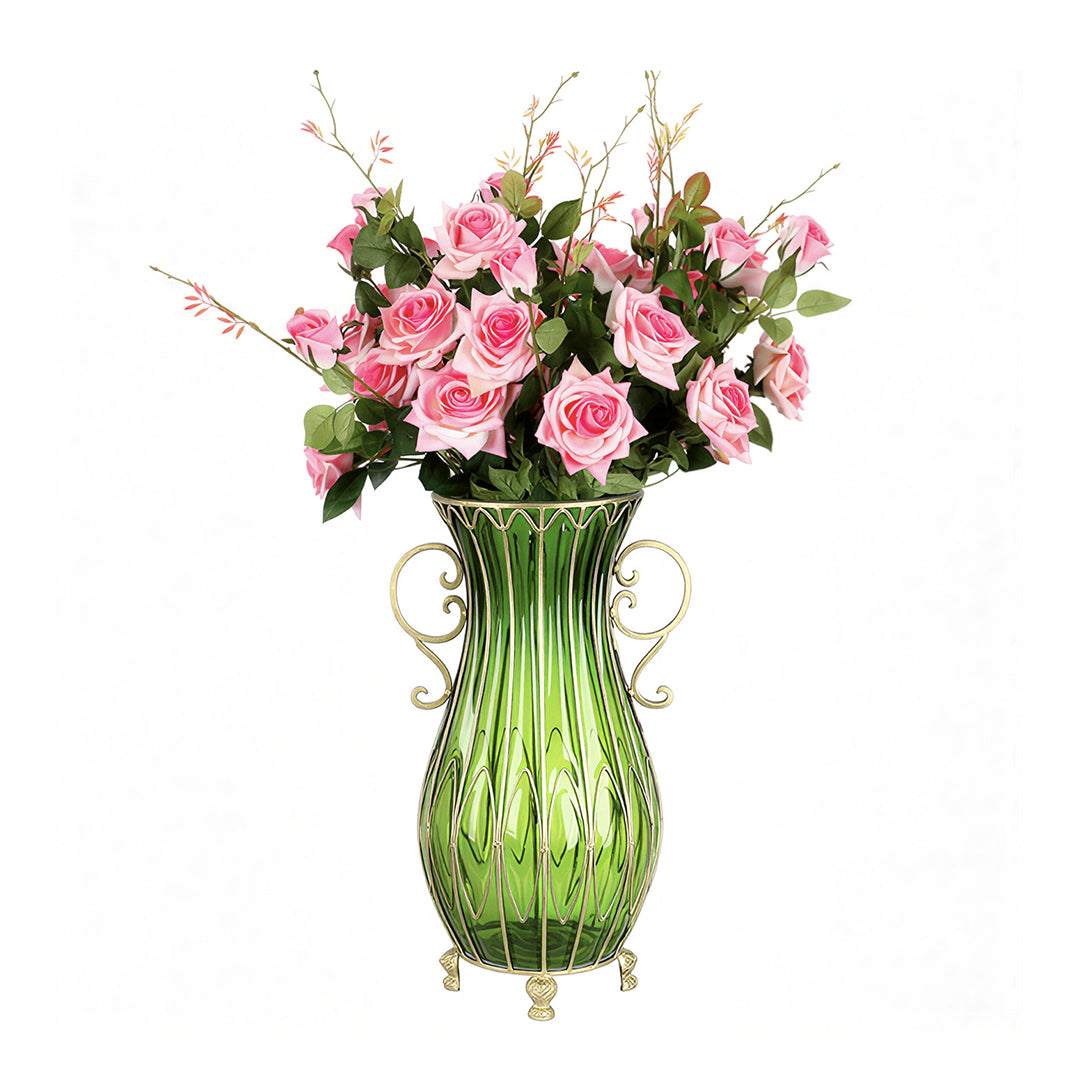 SOGA 51cm Green Glass Tall Floor Vase with 12pcs Pink Artificial Fake Flower Set