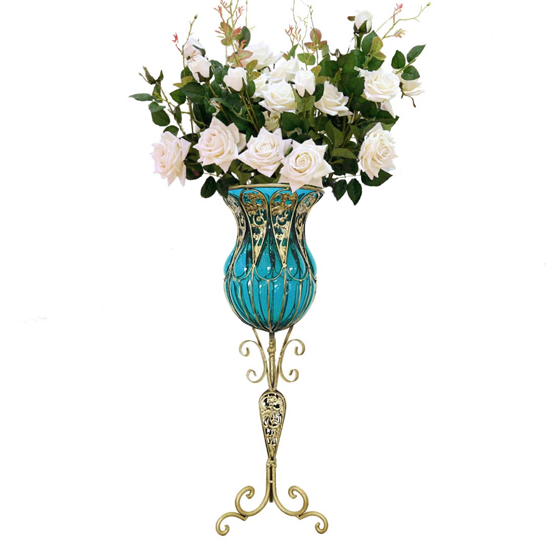 SOGA 85cm Blue Glass Tall Floor Vase and 12pcs White Artificial Fake Flower Set $ 511.50