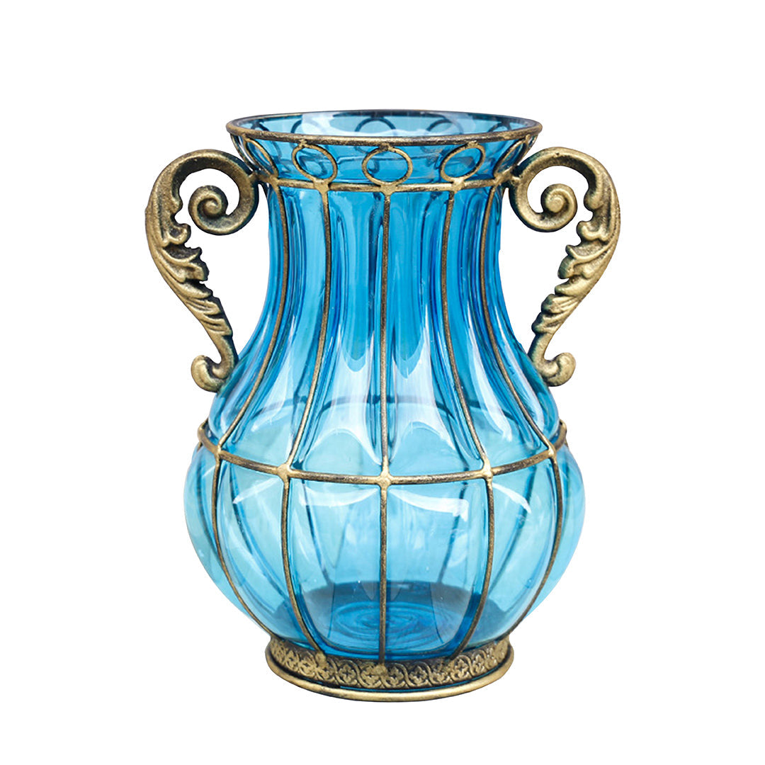 SOGA Blue Colored European Glass Home Decor Flower Vase with Two Metal Handle $ 133.50