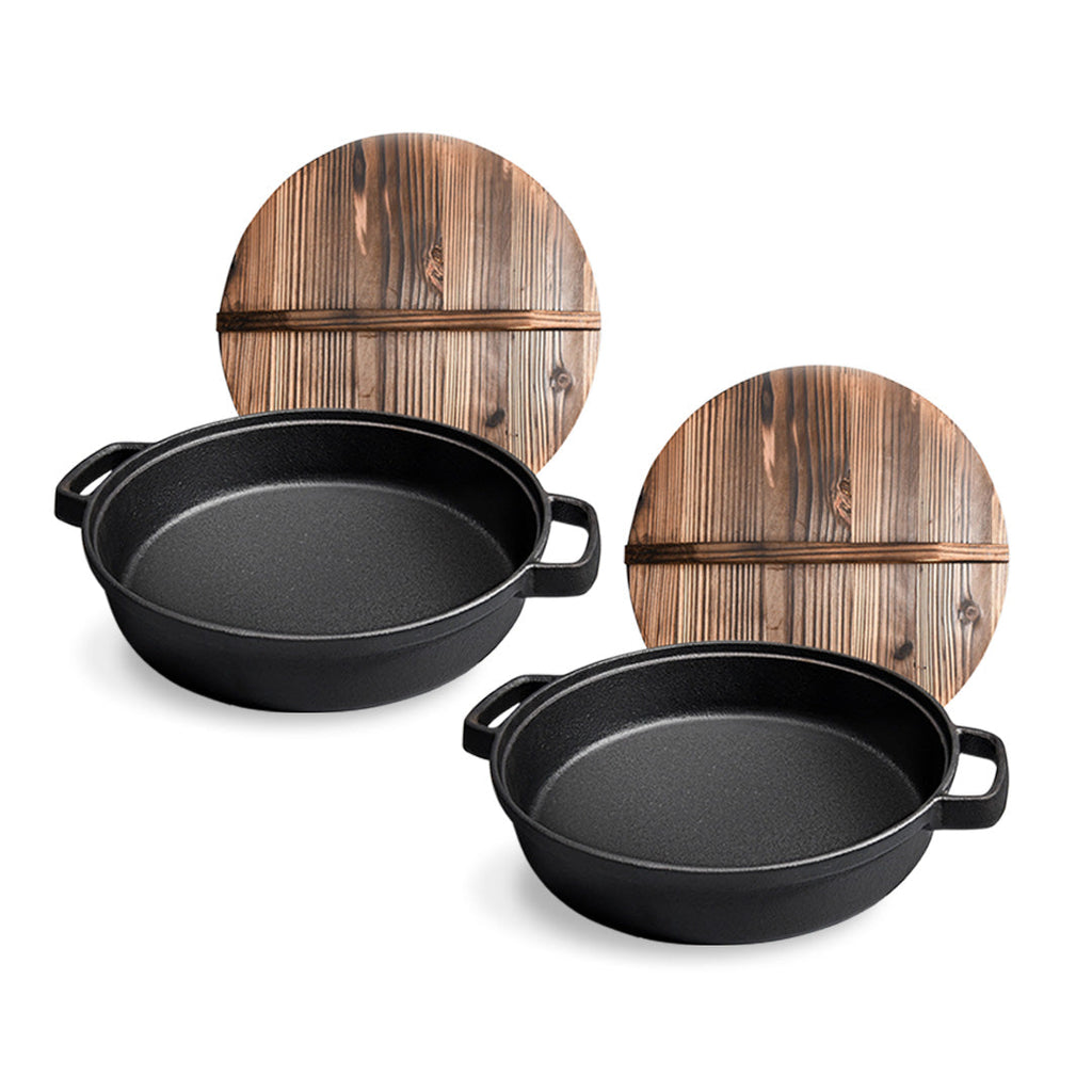 SOGA 2X 35cm Round Cast Iron Pre-seasoned Deep Baking Pizza Frying Pan Skillet with Wooden Lid $ 204.90