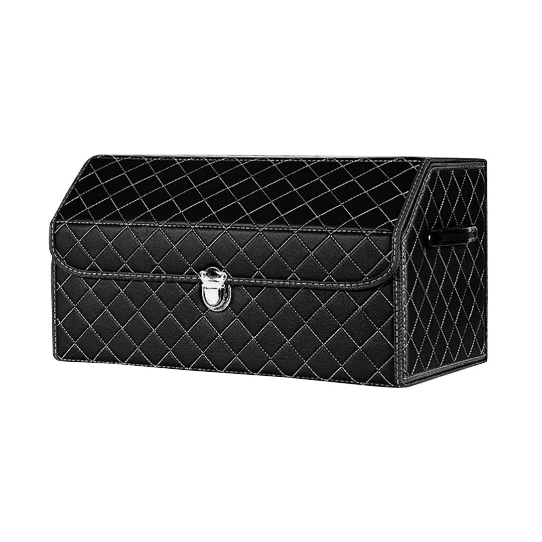 SOGA Leather Car Boot Collapsible Foldable Trunk Cargo Organizer Portable Storage Box Black/White Stitch with Lock Medium $ 55.50