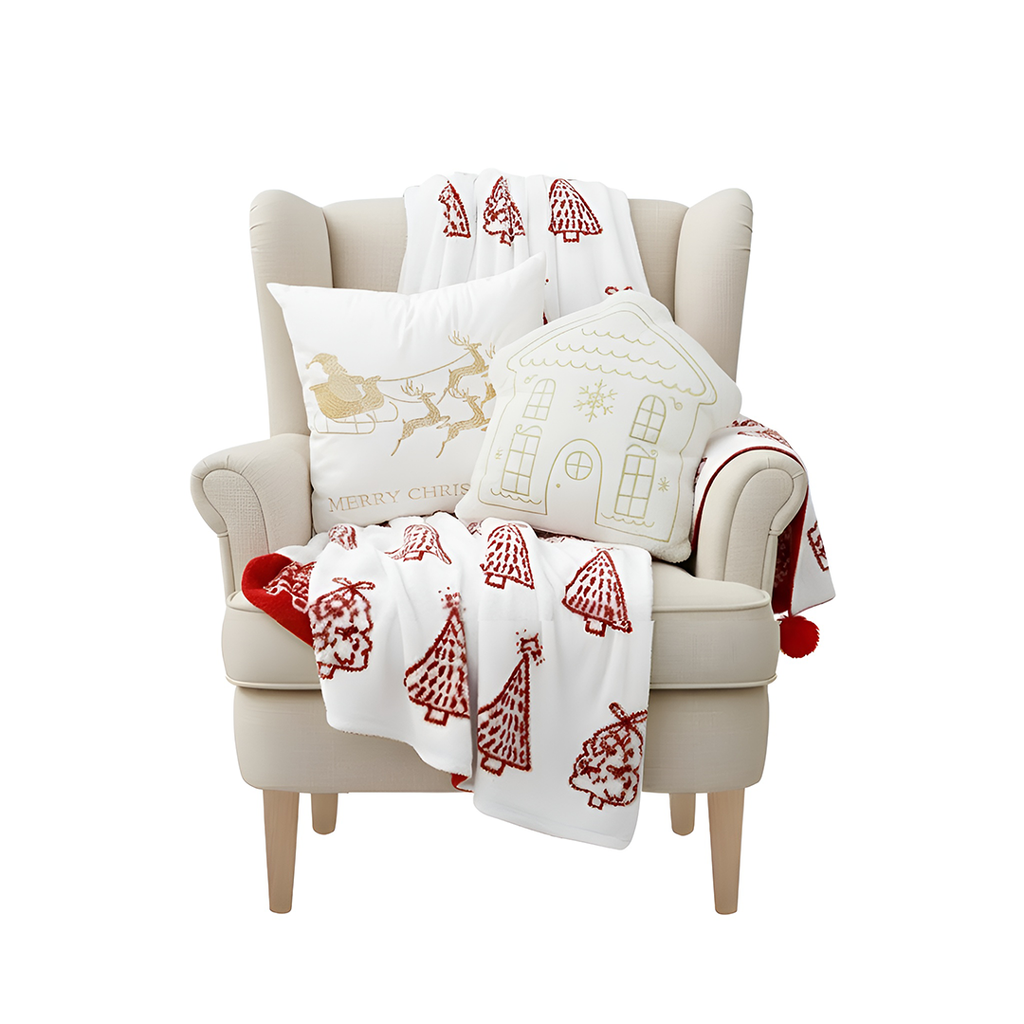 SOGA Christmas Bundle – Red Christmas Tree Fleece Throw & White Festive Holiday Pillows $ 215