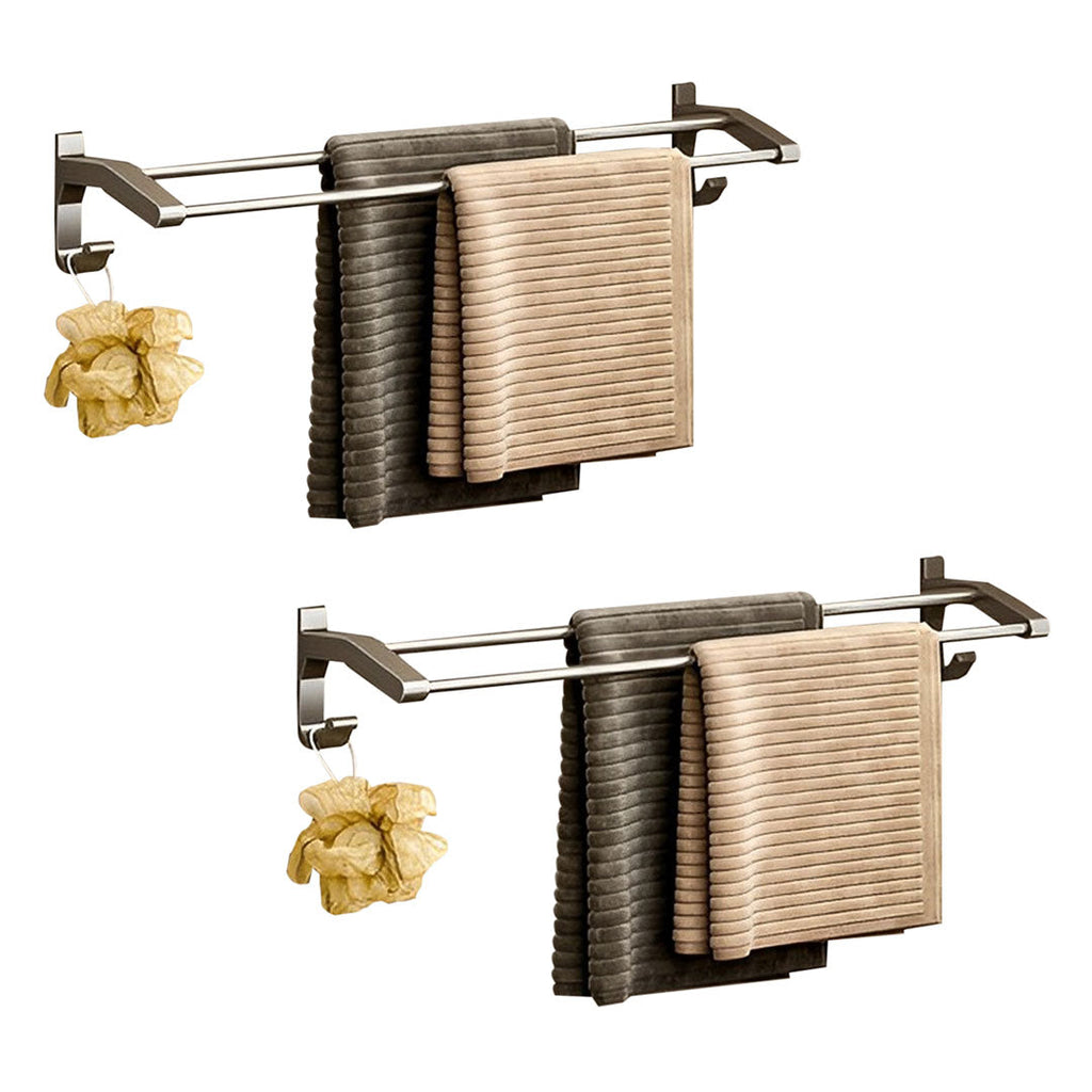 SOGA 2X 62cm Gray Wall-Mounted Double Pole Towel Holder Bathroom Organiser Rail Hanger with Hooks $ 92.90
