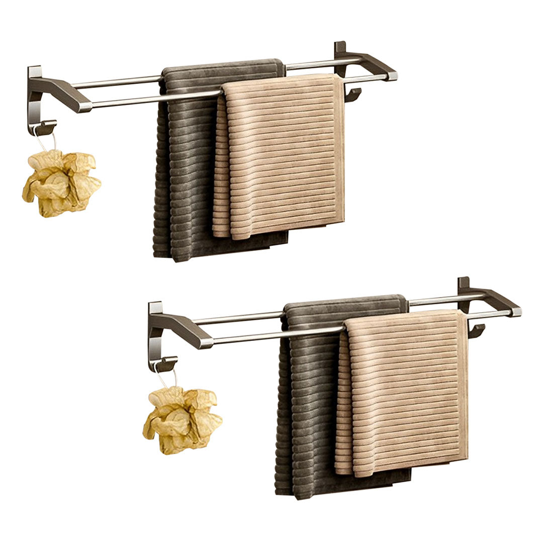 SOGA 2X 62cm Gray Wall-Mounted Double Pole Towel Holder Bathroom Organiser Rail Hanger with Hooks $ 92.90